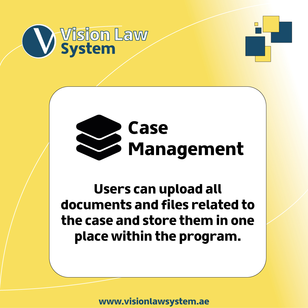 Leading legal software vision law system case management feature “Users can upload all documents and files related to the case and store them in one place within the program.” لإدارة مكاتب المحاماه مكتب محامي محامي مكتب محاماة